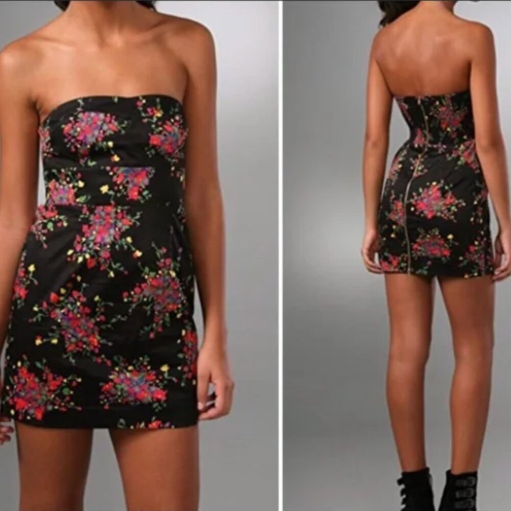 free people poison apple floral black strapless mini dress w/elastic backing 8